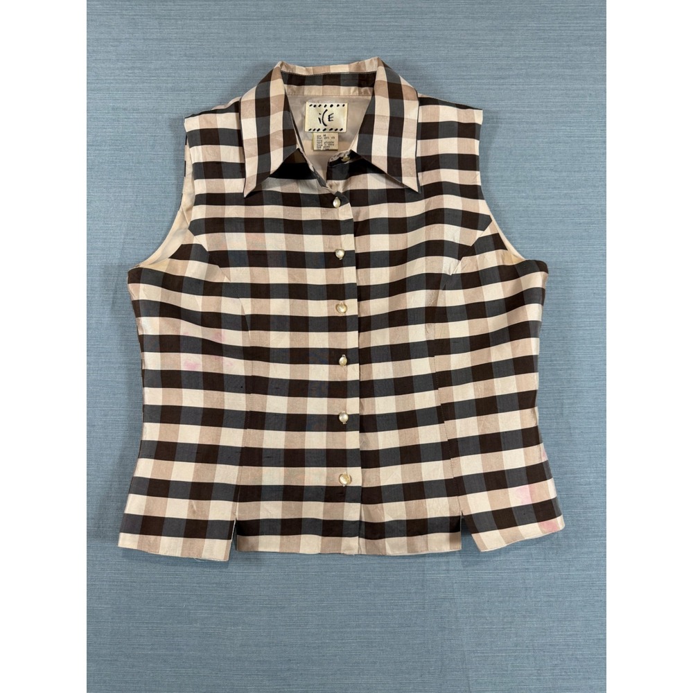 ICE Silk Sleeveless Button Down Shirt Brown Tan Check Plaid Top Size M Vintage
